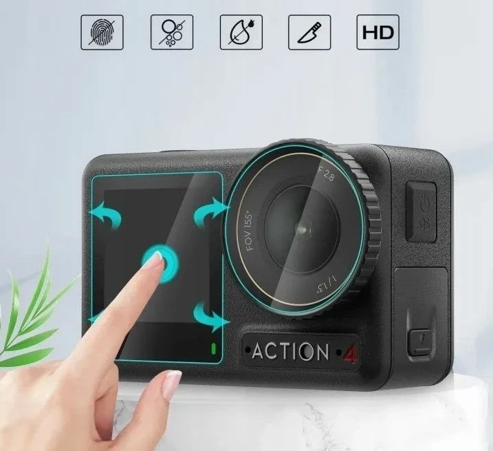 Puluz objektyvo gaubtas, rinkinys: grūdintas stiklas 2x ekranui + LCD objektyvui DJI Osmo Action 4 / PU953T