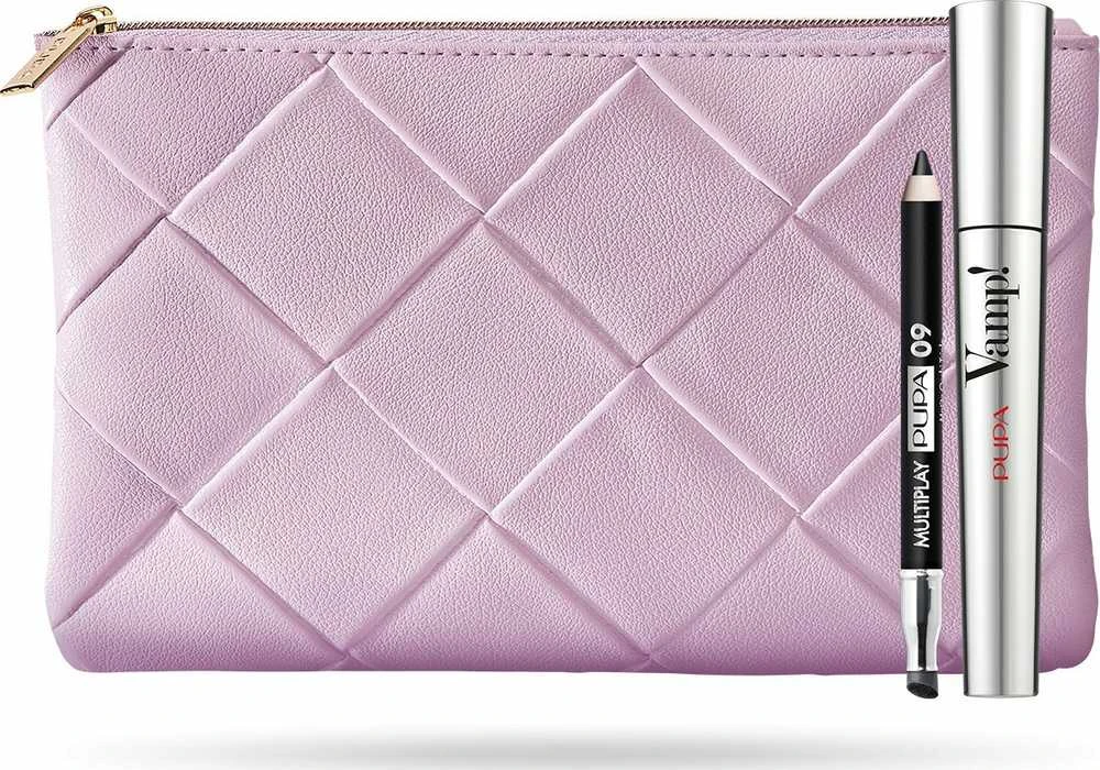 Set Pupa: Multiplay Double-Ended Eyeshadow & Kajal Akių apvadas 2-In-1 09 Deep Juodas 1.2 g + Vamp! Paraben-Free Extra Volume Blakstienų tušas 100 Juodas, 9 ml + Textile Makeup Bag Rožinė