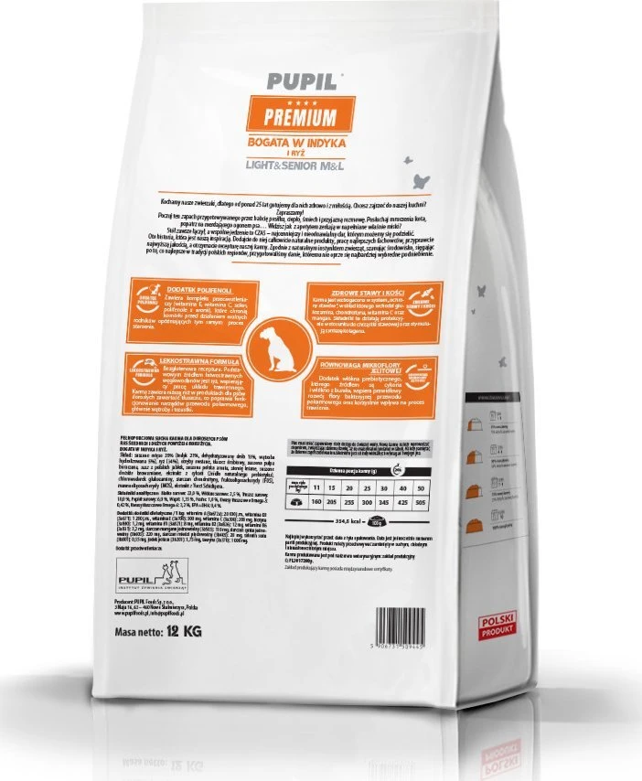 PUPIL Premium Light&Senior Medium and large breeds Rich in kalakutiena ir ryžiai – sausas Maistas šunims – 12kg