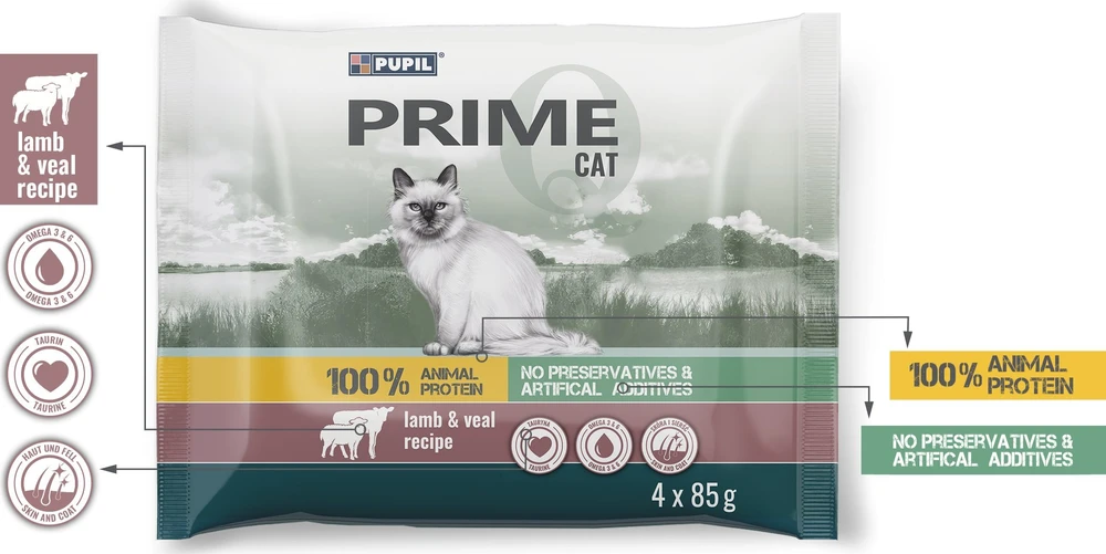 PUPIL Prime bogata w jagnięcinę su indykiem + cielęcinę su triušiena karma katei 4x85g