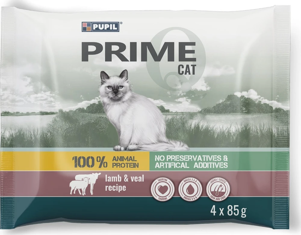 PUPIL Prime bogata w jagnięcinę su indykiem + cielęcinę su triušiena karma katei 4x85g