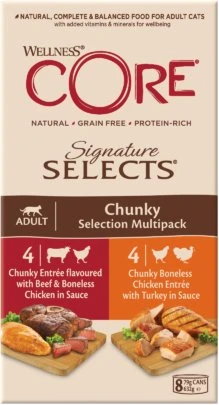 Purina Nestle „Purina Core Signature Selects Chunky Multipack“ konservų rinkinys suaugusioms katėms, 4 x 2 skoniai, 8 x 79 g / 635 g