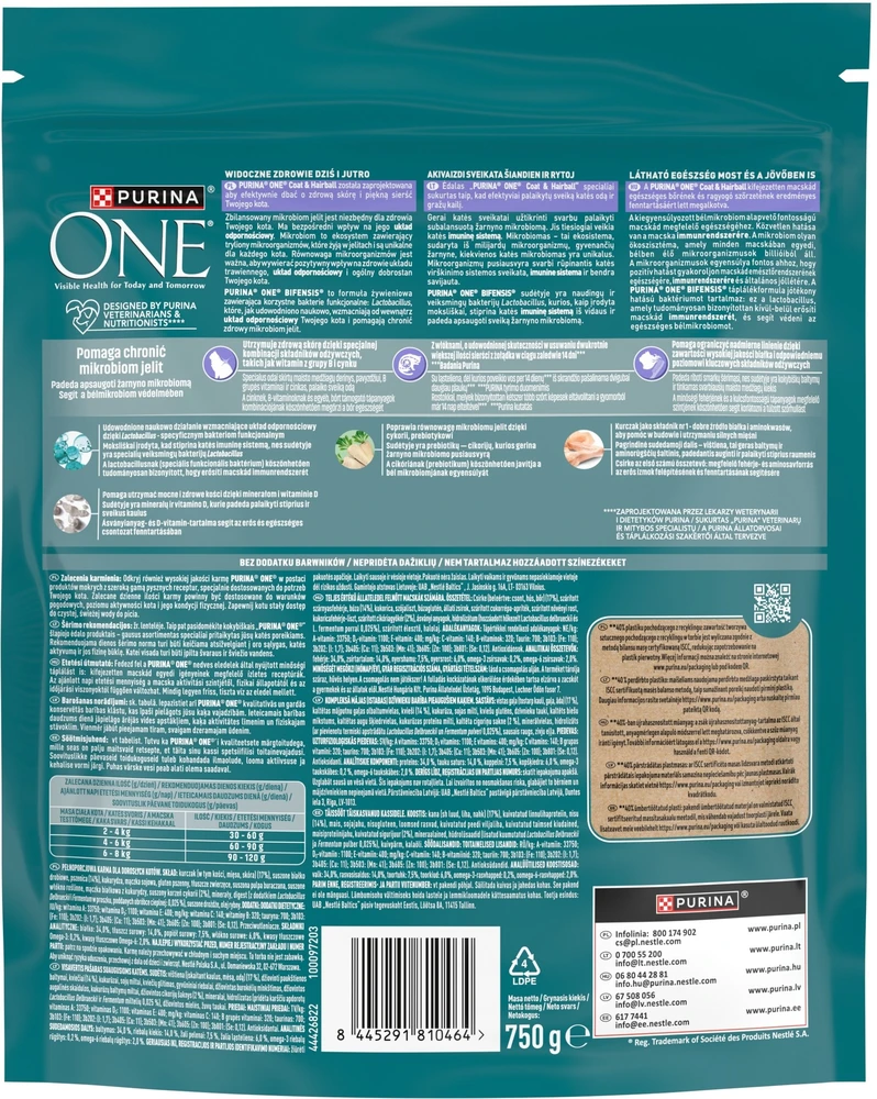 Purina Nestle One Bifensis Coat & Hairball Rich in vištiena – sausas kačių maistas – 750g