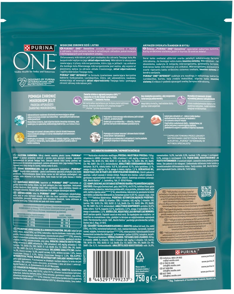Purina Nestle One Bifensis Sensitive Rich in kalakutiena – sausas kačių maistas – 750g