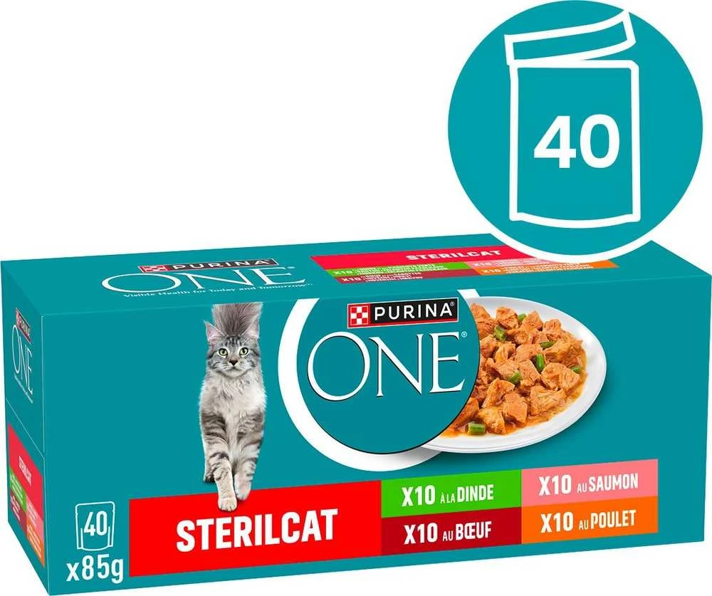 Purina Nestle Drėgnas Kačių Maistas - PURINA One Sterilcat Jautiena, Lašiša, Vištiena, Kalakutiena 40x85g