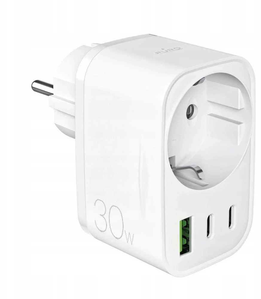 Puro 30 W maitinimo įkroviklis su Schuko kištuku ir lizdu, 2x USB-C + 1x USB-A - Baltas