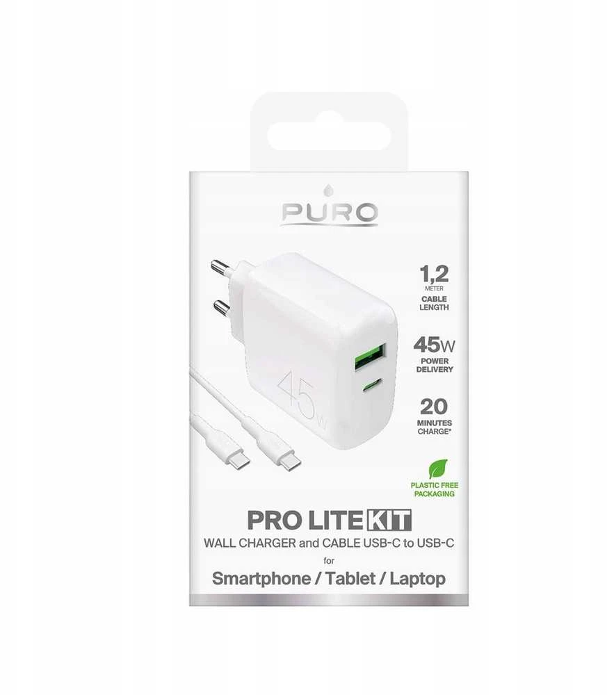 Puro „Daily Prolite“ 45 W USB-C USB-A maitinimo įkroviklis su USB-C laidu – Baltas