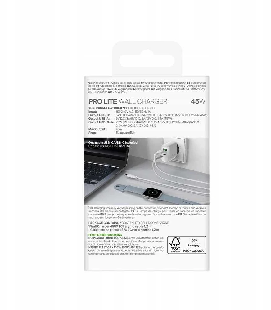 Puro „Daily Prolite“ 45 W USB-C USB-A maitinimo įkroviklis su USB-C laidu – Baltas