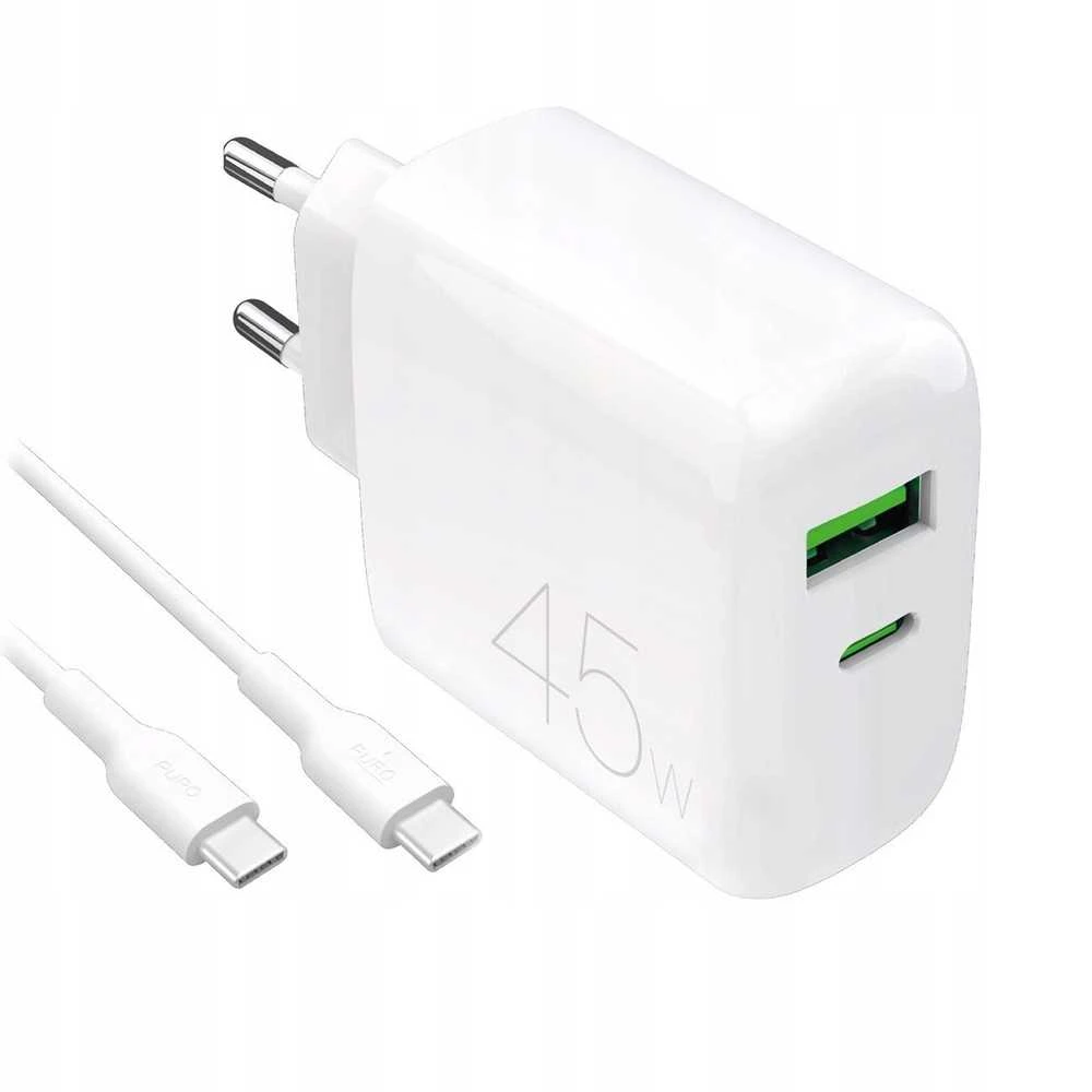 Puro „Daily Prolite“ 45 W USB-C USB-A maitinimo įkroviklis su USB-C laidu – Baltas