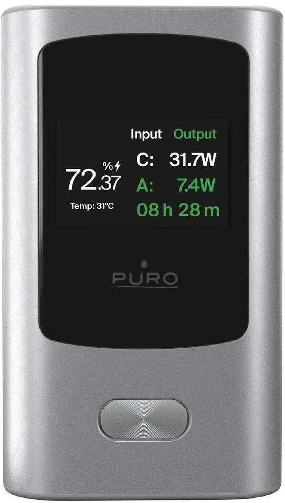 Puro 45W 10000mAh USB-A USB-C išorinė baterija su ekranu - pilka