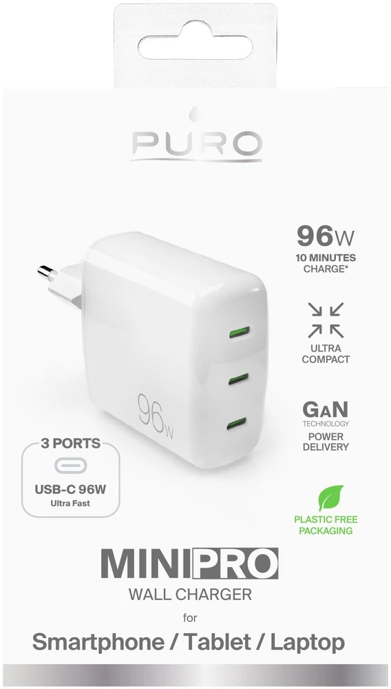 Sieninis įkroviklis GaN, 3xUSB-C jungtys, 96W, gamintojas Puro Baltas