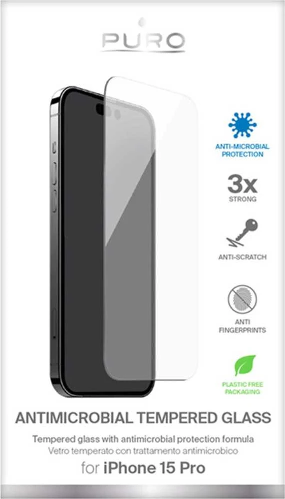 SBS PURO antibakterinis grūdintas stiklas – grūdintas stiklas su antibakterine apsauga, skirtas „iPhone 15 Pro“