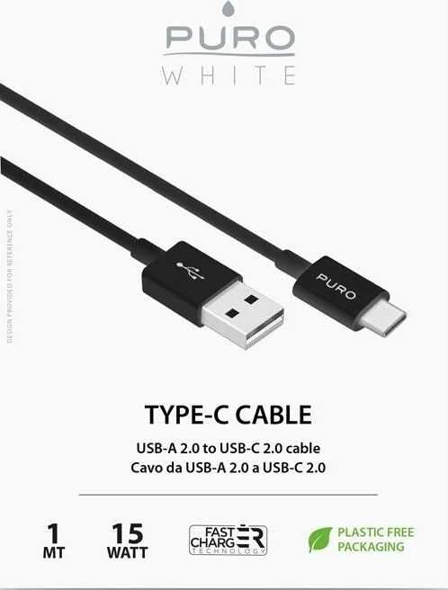 Puro Elektrik Puro Baltas USB-A USB-C Cable 1m - Juodas