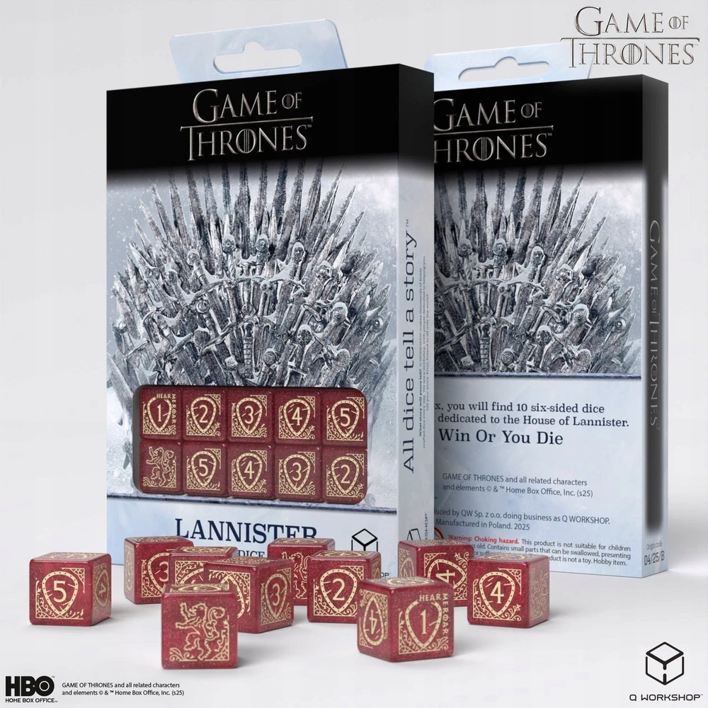 Sostų karai Lannister D6 kauliukai 10 vnt – Q-Workshop, raudoni, licencijuoti