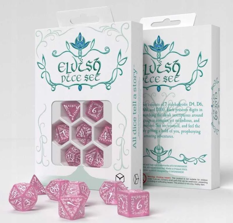 Q-workshop Elvish Žvilgančios Rožinės Ir Baltos Spalvos Kauliukų Rinkinys