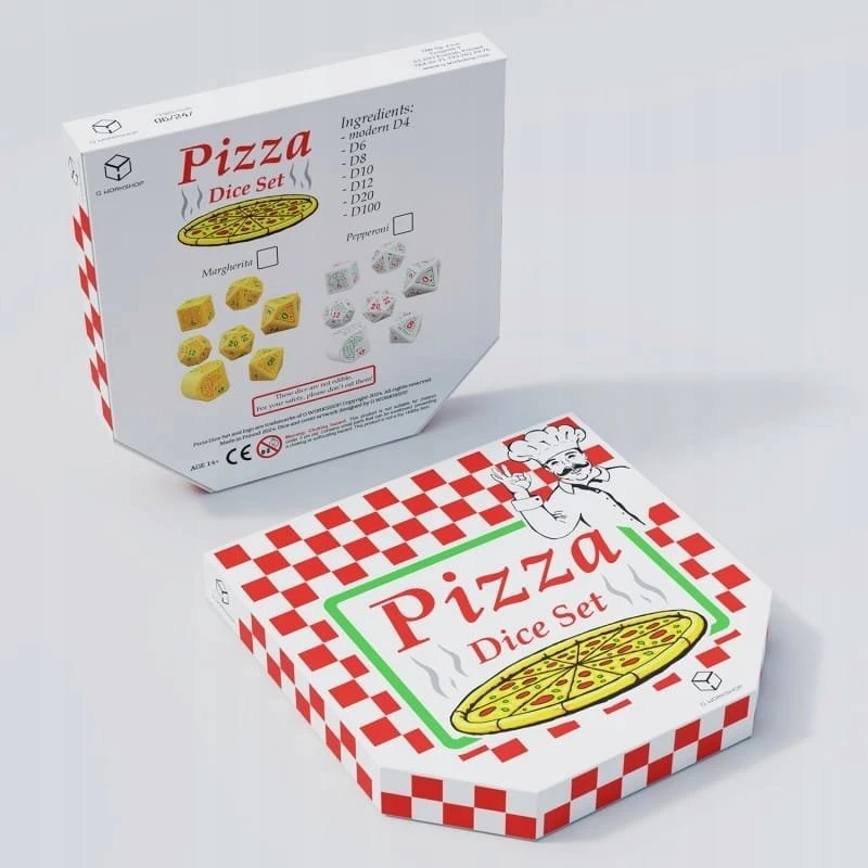 Žaidimų Kauliukų Rinkinys - Q WORKSHOP Pica Pepperoni 7 Kauliukai D4-D100 Balti