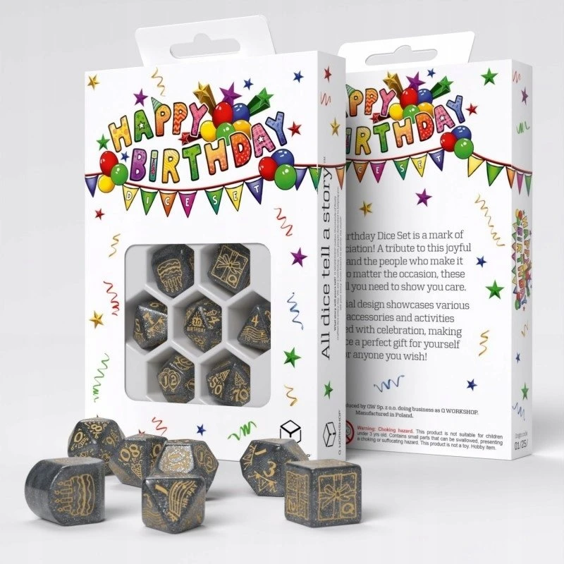 Dėlionė Žaidimų Kauliukų Rinkinys - Confetti Q-WORKSHOP Su Gimtadieniu 7 Kauliukai Plastikiniai Pilki Auksiniai