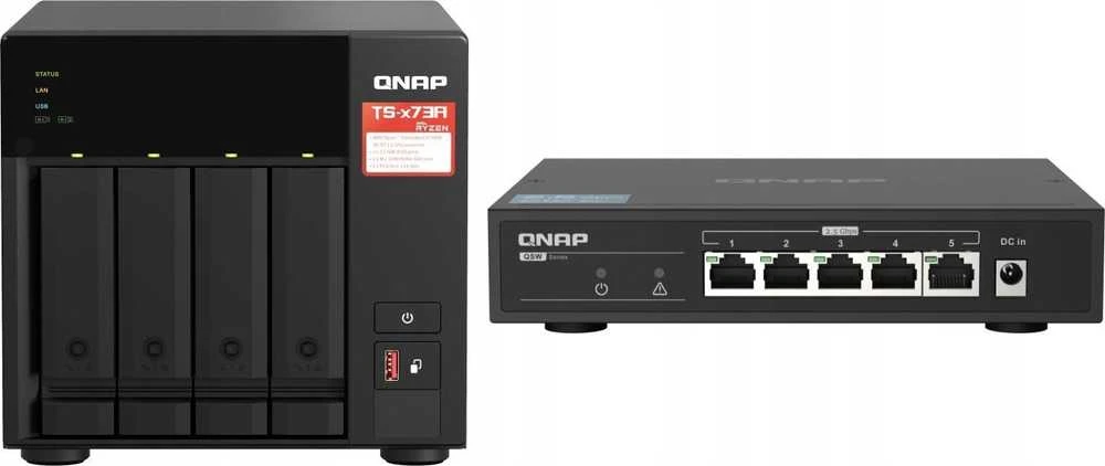 Serveris QNAP TS-473A + QSW-1105-5T Bundle Pack NAS Tower Ryzen Embedded V1500B 8 GB DDR4 0 TB QNAP Turbo System Juodas