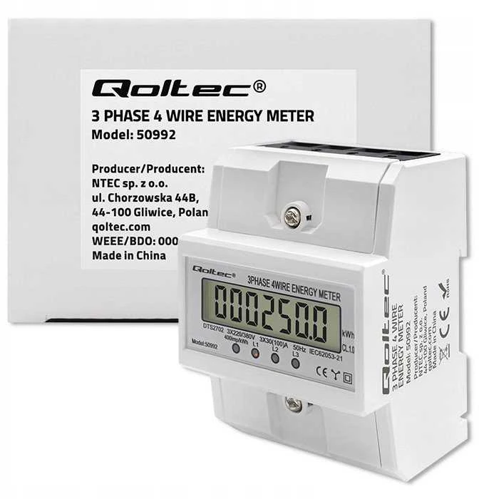 „Qoltec“ trifazis elektroninis skaitiklis | DIN bėgelio energijos suvartojimo skaitiklis | 400 V | 100A | LCD | 4P