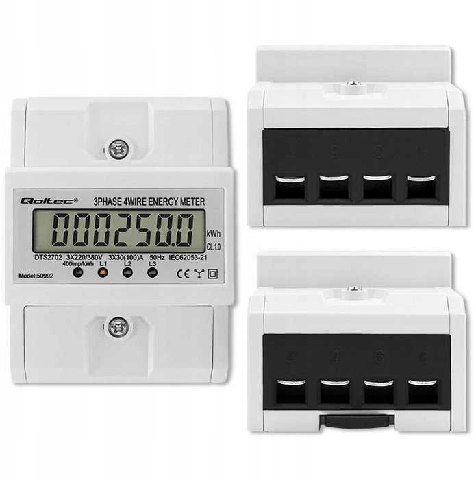 „Qoltec“ trifazis elektroninis skaitiklis | DIN bėgelio energijos suvartojimo skaitiklis | 400 V | 100A | LCD | 4P