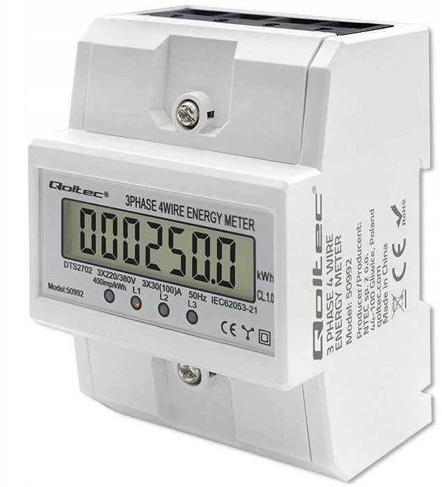 „Qoltec“ trifazis elektroninis skaitiklis | DIN bėgelio energijos suvartojimo skaitiklis | 400 V | 100A | LCD | 4P
