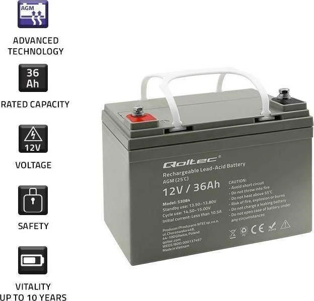 Qoltec 53084 AGM akumuliatorius | 12V | 36Ah
