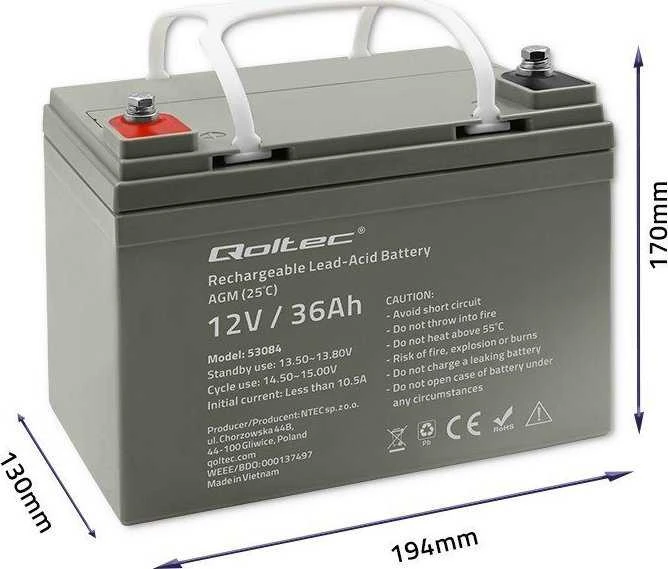 Qoltec 53084 AGM akumuliatorius | 12V | 36Ah