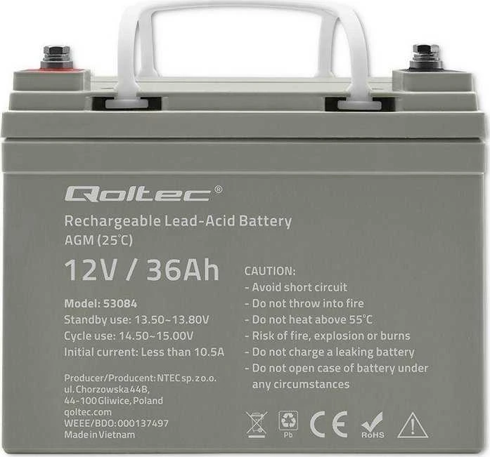 Qoltec 53084 AGM akumuliatorius | 12V | 36Ah