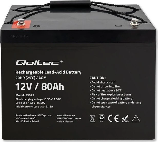 QOLTEC 53075 AGM baterija 12V 80Ah