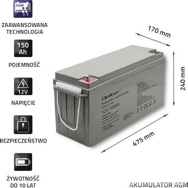 QOLTEC 53068 AGM baterija 12V 150Ah maks. 2250A