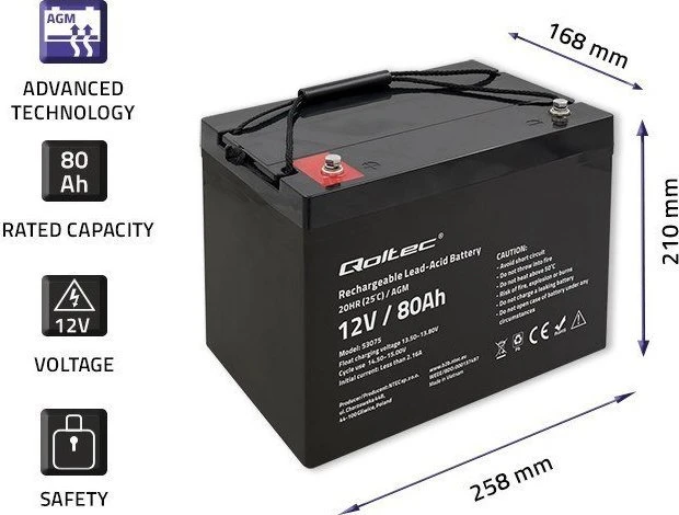 QOLTEC 53075 AGM baterija 12V 80Ah