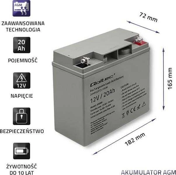 QOLTEC 53066 AGM baterija 12V 20Ah maks. 300A