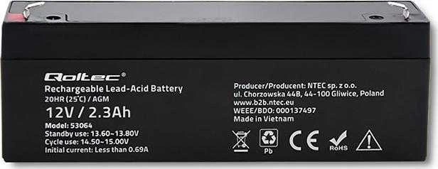 QOLTEC 53064 AGM baterija 12V 2,3Ah maks. 34,5A
