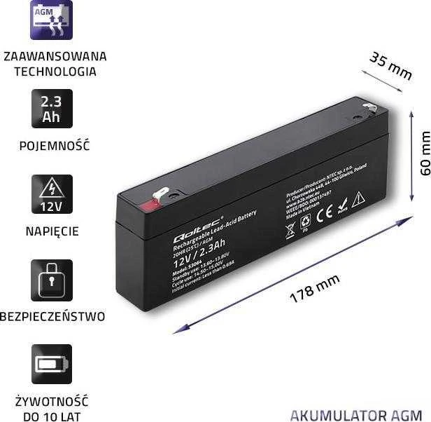 QOLTEC 53064 AGM baterija 12V 2,3Ah maks. 34,5A