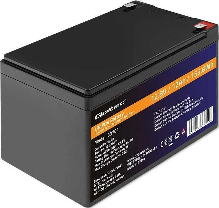 QOLTEC 53701 LiFePO4 ličio geležies fosfato baterija / 12,8V / 12Ah / 153,6Wh / BMS