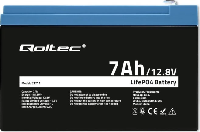 Qoltec LiFePO4 ličio geležies fosfato baterija 12.8V 7Ah 89.6Wh BMS