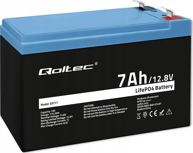 Qoltec LiFePO4 ličio geležies fosfato baterija 12.8V 7Ah 89.6Wh BMS