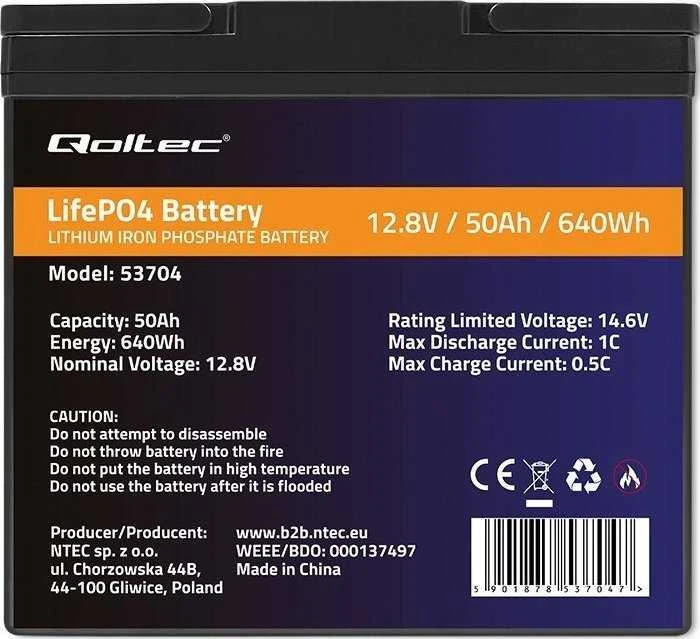 „Qoltec LiFePO4“ ličio-geležies-fosfato akumuliatorius | 12,8 V | 50 Ah | 640 Wh | BMS