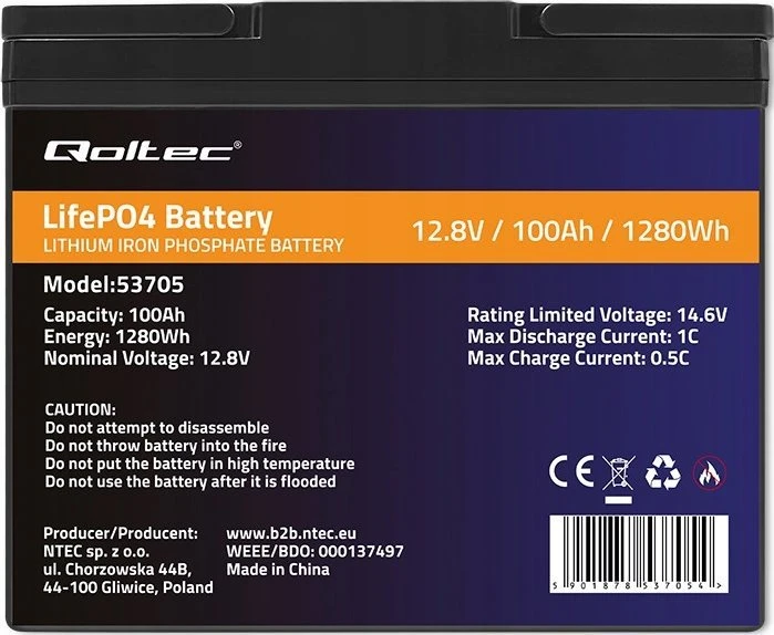 Qoltec Akumuliatorius LiFePO4 Ličio geležies fosfatas | 12,8 V | 100Ah | 1280Wh | BMS
