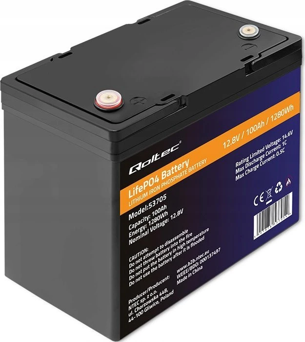 Qoltec Akumuliatorius LiFePO4 Ličio geležies fosfatas | 12,8 V | 100Ah | 1280Wh | BMS