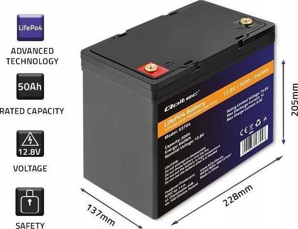 „Qoltec LiFePO4“ ličio-geležies-fosfato akumuliatorius | 12,8 V | 50 Ah | 640 Wh | BMS