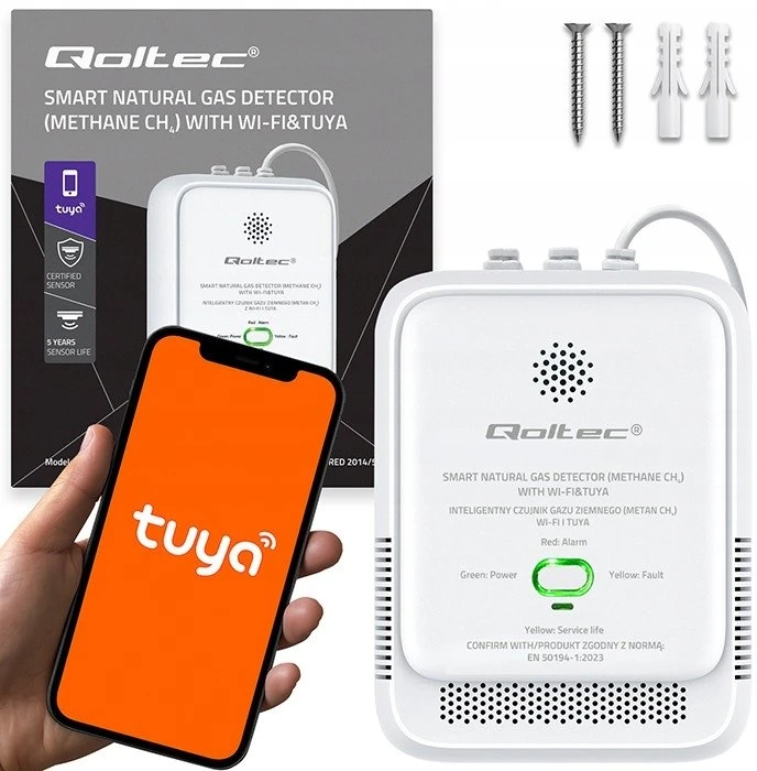 Qoltec 52651 gamtinių dujų nuotėkio jutiklis | CH4 detektorius | NG | Tuya | Wi-Fi | 85dB signalizacija | LED