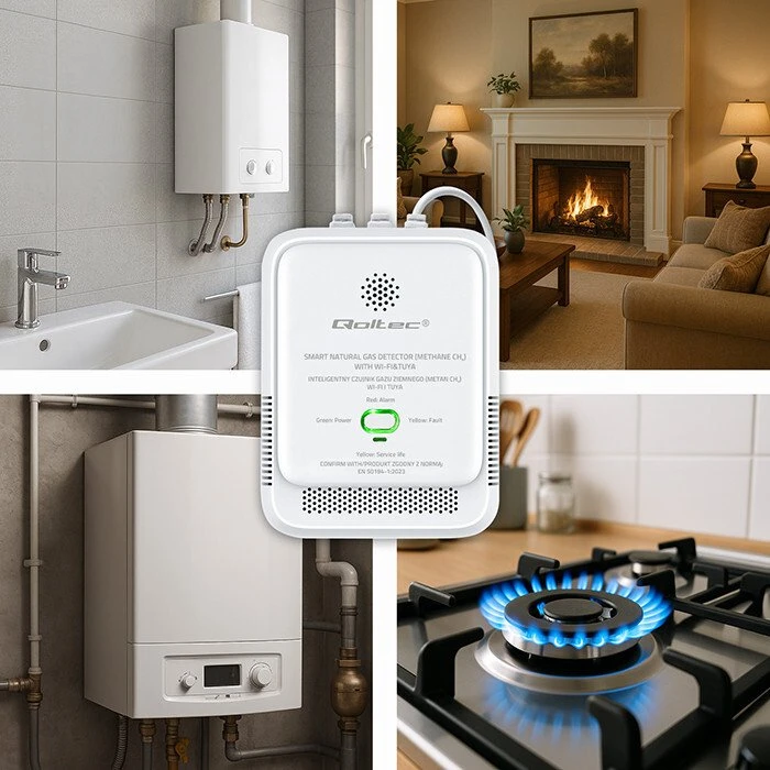 Qoltec 52651 gamtinių dujų nuotėkio jutiklis | CH4 detektorius | NG | Tuya | Wi-Fi | 85dB signalizacija | LED
