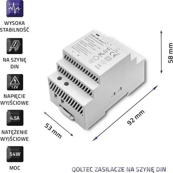 QOLTEC 50920 DIN bėgio maitinimo šaltinis 54W 12V 4.5A Pilka