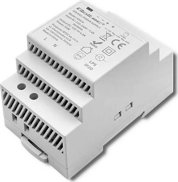 QOLTEC 50920 DIN bėgio maitinimo šaltinis 54W 12V 4.5A Pilka