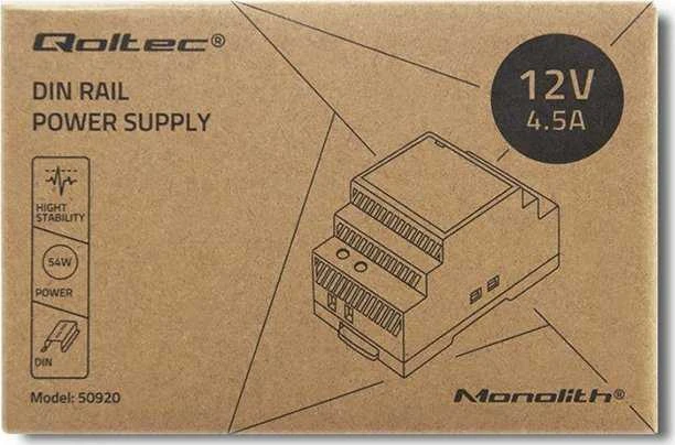 QOLTEC 50920 DIN bėgio maitinimo šaltinis 54W 12V 4.5A Pilka