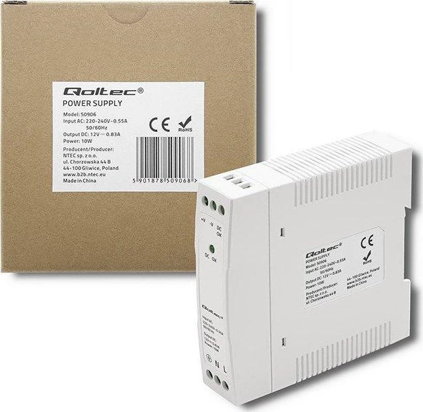 Maitinimo šaltinis skirtas bėgiui din 10 W 12 V 083 A baltas plonas Qoltec