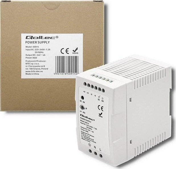 Qoltec DIN bėgelio maitinimo šaltinis 96W 24V 4A baltas plonas
