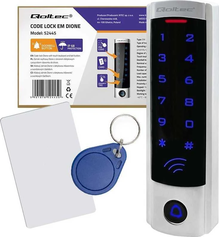 QOLTEC 52445 Kodinė spyna DIONE su RFID skaitytuvu Kodų kortelės rakto pakabukas Durų skambučio mygtukas IP68 EM