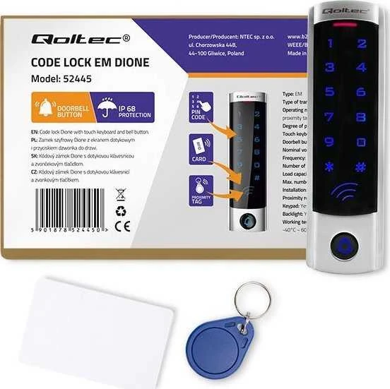 QOLTEC 52445 Kodinė spyna DIONE su RFID skaitytuvu Kodų kortelės rakto pakabukas Durų skambučio mygtukas IP68 EM